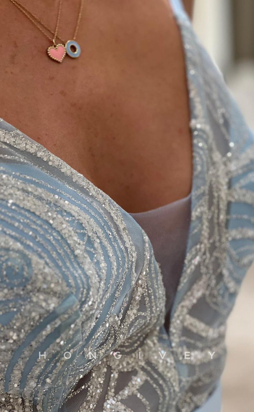 L1093 - Sequined Embroidered Plunging Illusion Sheer With Bow Detail Evening Party Formal Prom Dress - Fashionpara