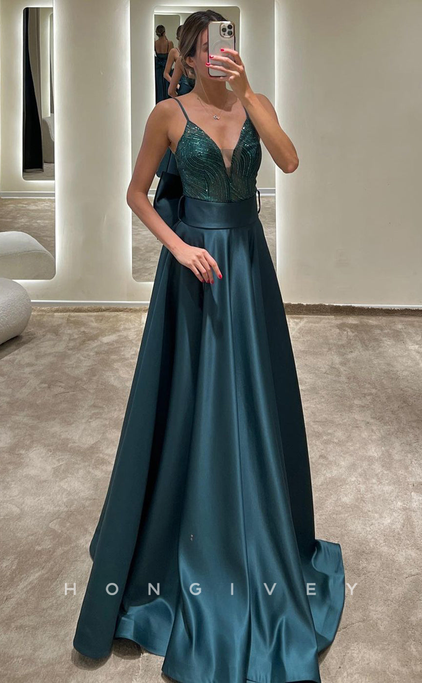 L1093 - Sequined Embroidered Plunging Illusion Sheer With Bow Detail Evening Party Formal Prom Dress - Fashionpara