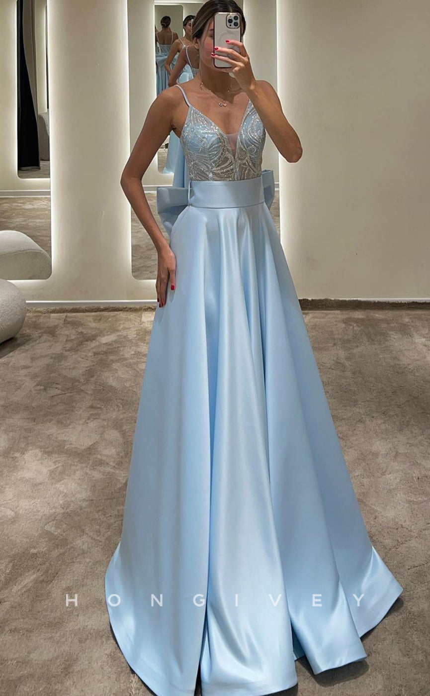 L1093 - Sequined Embroidered Plunging Illusion Sheer With Bow Detail Evening Party Formal Prom Dress - Fashionpara