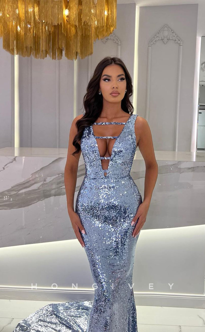 L1101 - Fully Sequined Cutout Mermaid With Train Party Prom Evening Formal Dress - Fashionpara