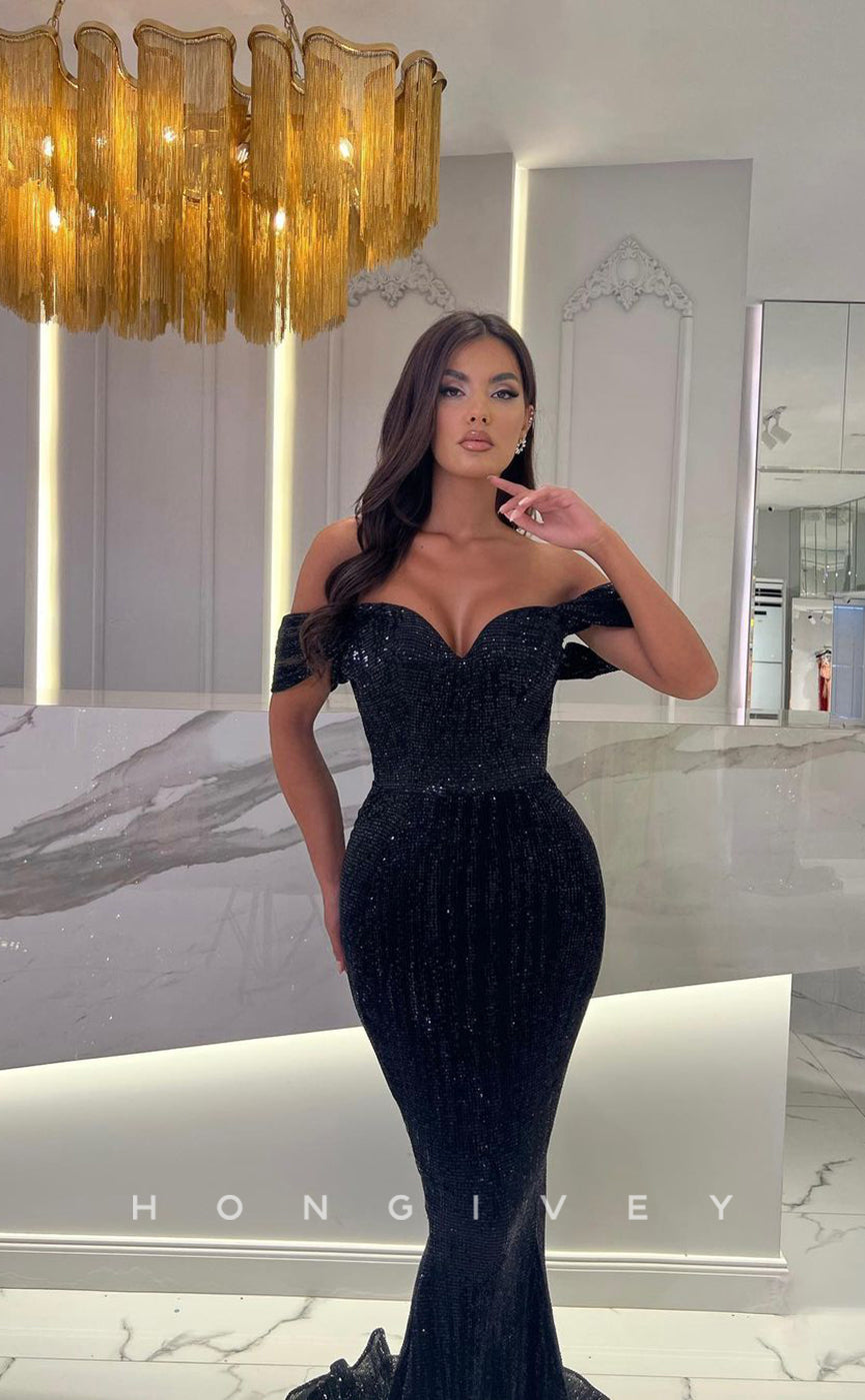 L1102 - Fully Sequined Off- Shoulder Mermaid With Train Evening Formal Party Prom Dress - Fashionpara