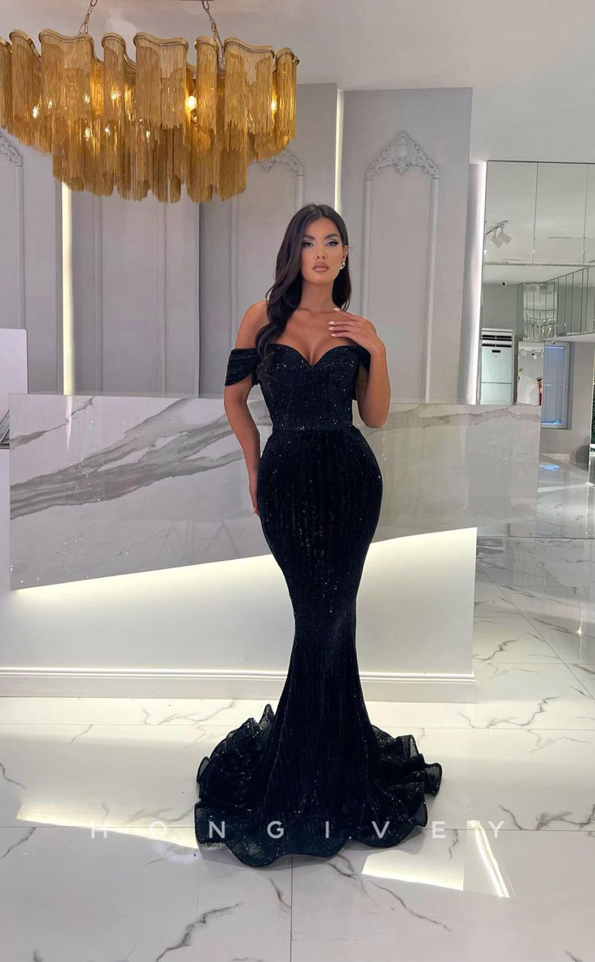 L1102 - Fully Sequined Off- Shoulder Mermaid With Train Evening Formal Party Prom Dress - Fashionpara