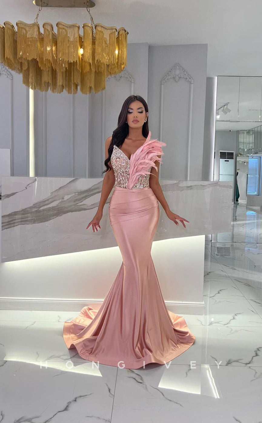 L1103 - Feathered Crystal Beaded Mermaid With Train Evening Formal Party Prom Dress - Fashionpara