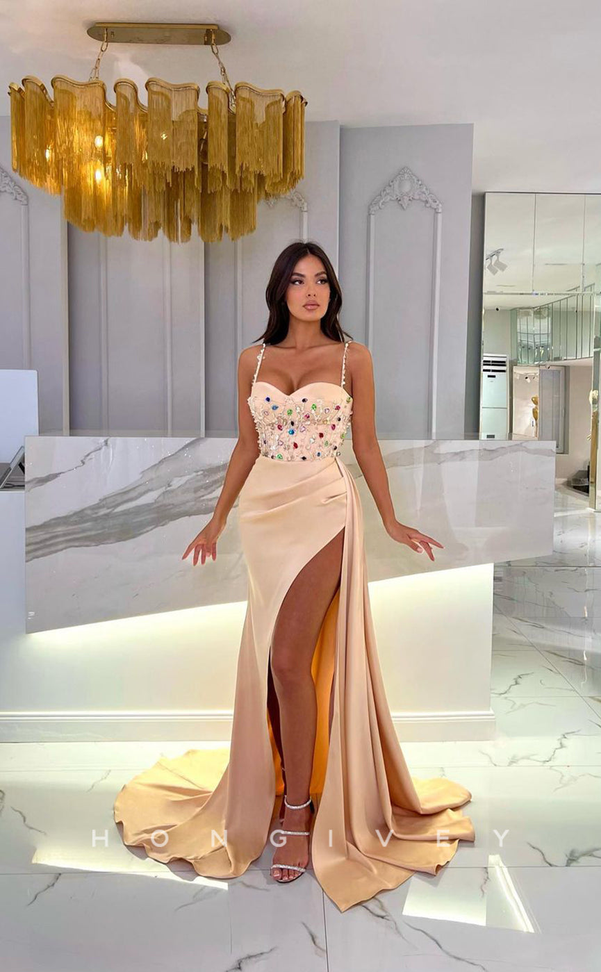 L1105 - Crystal Beaded Trumpet With Train And Slit Formal Party Prom Evening Dress - Fashionpara