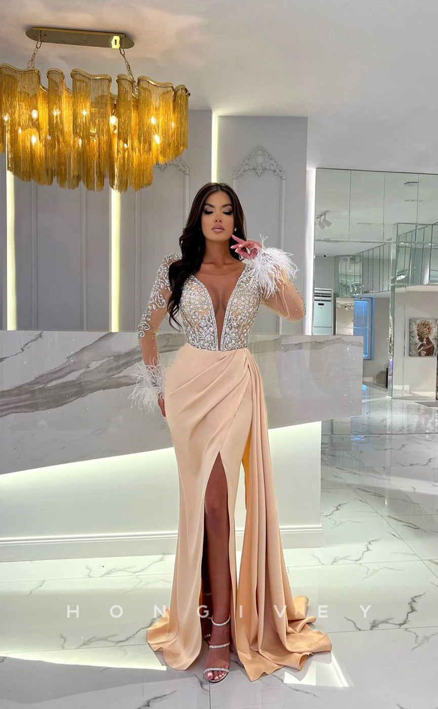L1106 - Crystal Beaded Feathered Sheer Plunging Illusion With Train And Slit Evening Formal Party Prom Dress - Fashionpara