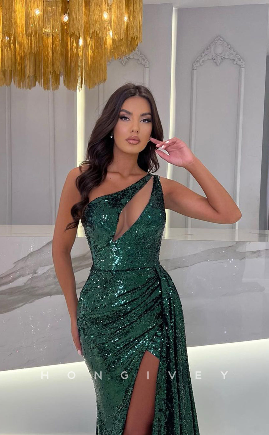 L1108 - Sparkly Fully Sequined Cutout With Train And Slit Evening Party Prom Formal Dress - Fashionpara