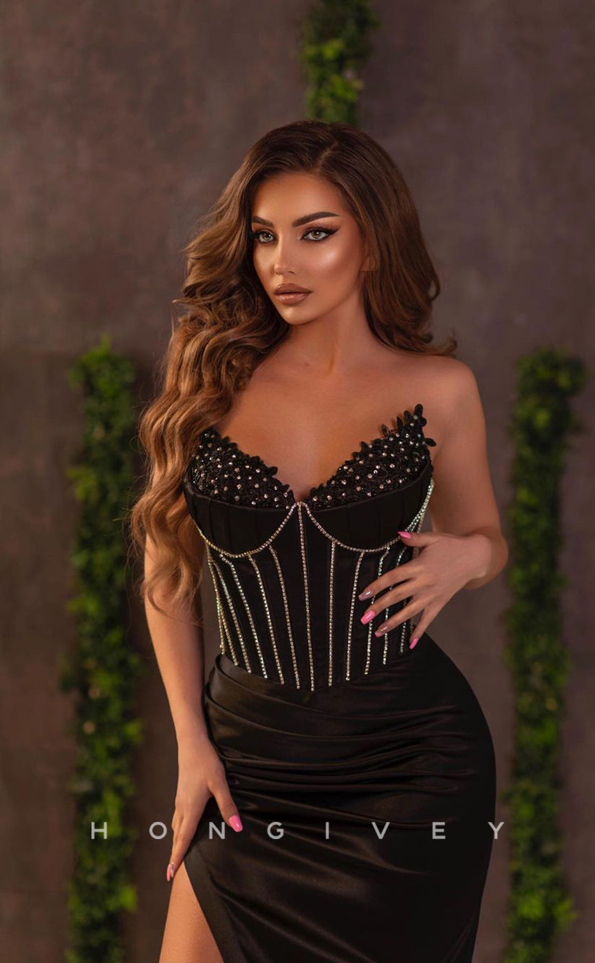 L1138 - Crystal Beaded Strapless With Train And Slit Formal Party Prom Evening Dress - Fashionpara