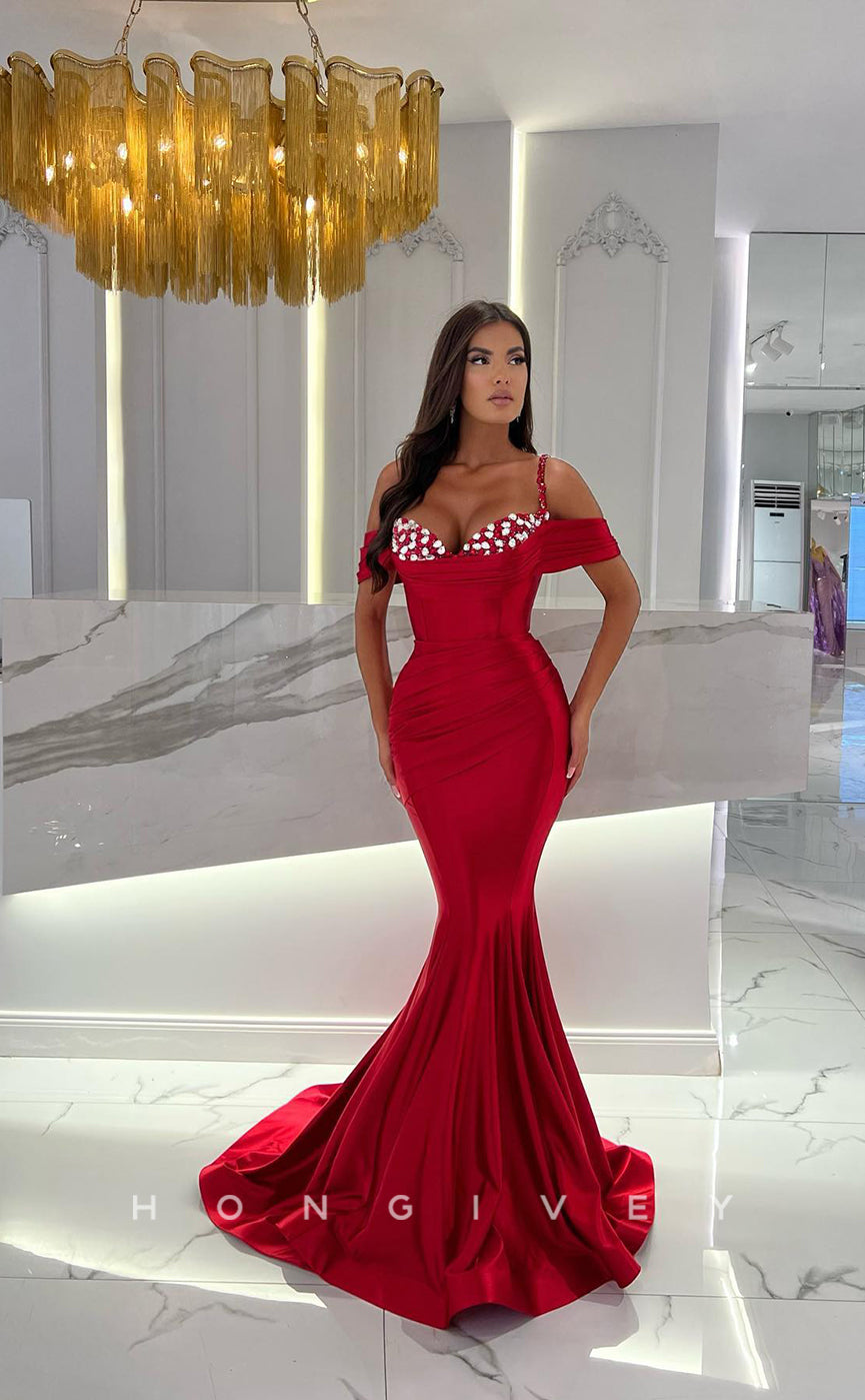 L1142 - Crystal Beaded Ruched Mermaid With Train Formal Party Prom Evening Dress - Fashionpara