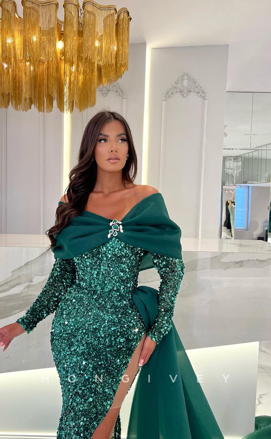 L1144 - Sequined Crystal Beaded Overlay With Train And Slit Formal Party Prom Evening Dress - Fashionpara