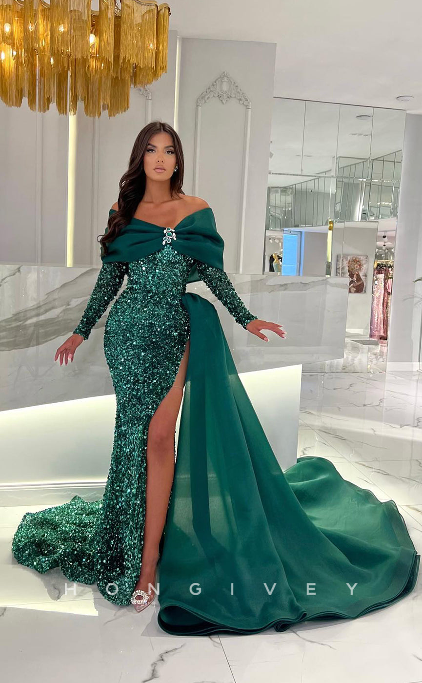 L1144 - Sequined Crystal Beaded Overlay With Train And Slit Formal Party Prom Evening Dress - Fashionpara