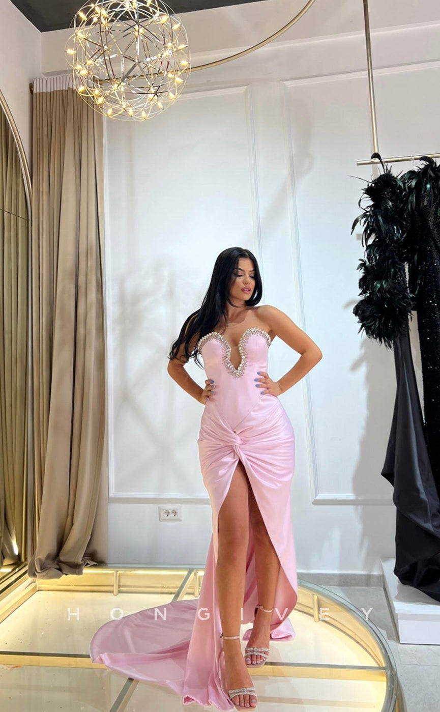L1145 - Crystal Beaded Strapless Plunging Illusion With Train And Slit Party Prom Evening Formal Dress - Fashionpara