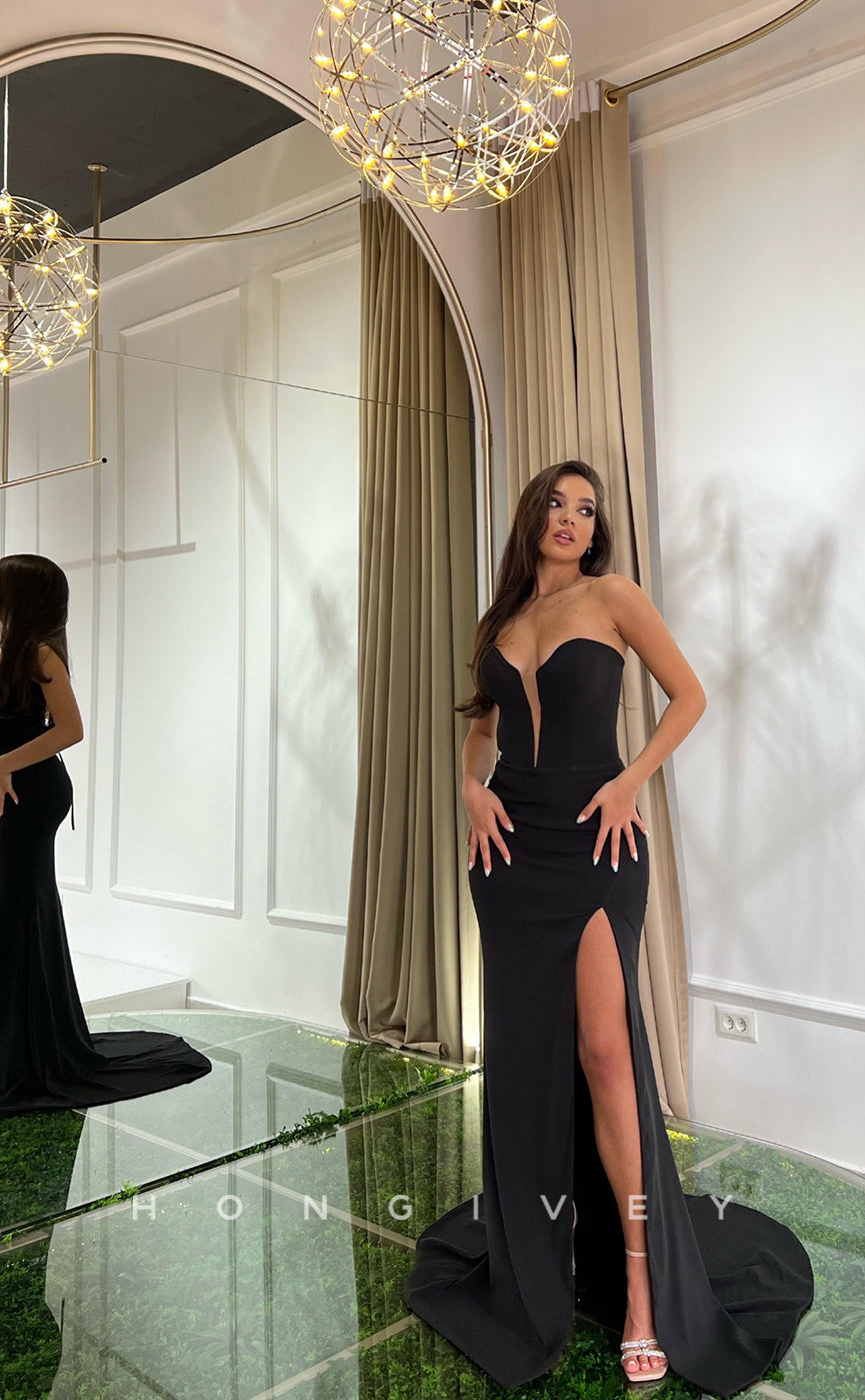 L1147 - Simple Strapless Plunging Illusion With Train And Slit Evening Formal Party Prom Dress - Fashionpara