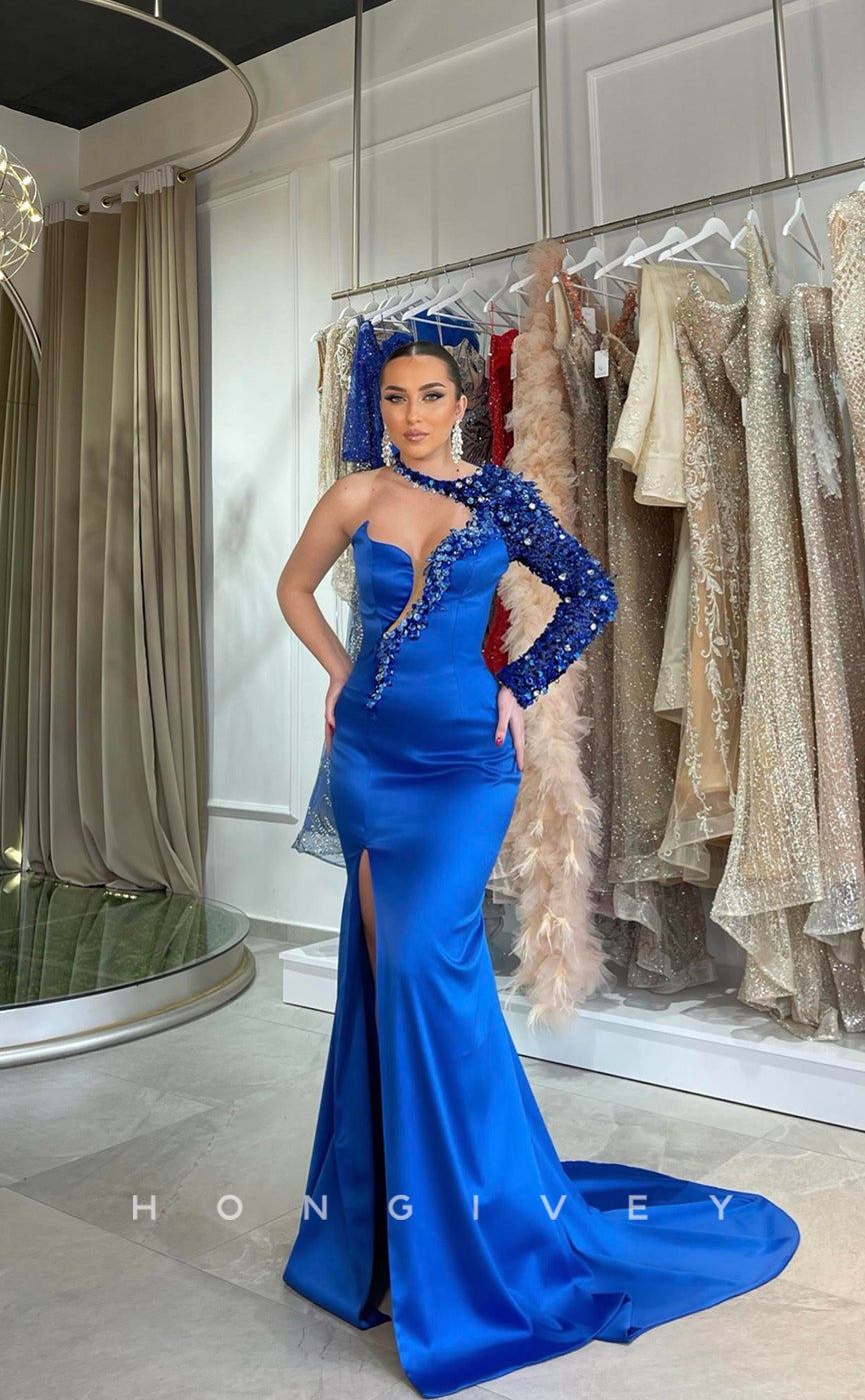 L1148 - One Shoulder Sequined Embellished Plunging Illusion With Train And Slit Evening Formal Party Prom Dress - Fashionpara