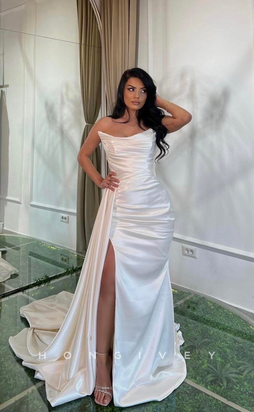L1149 - Simple Strapless With Train And Slit Evening Formal Party Prom Dress - Fashionpara