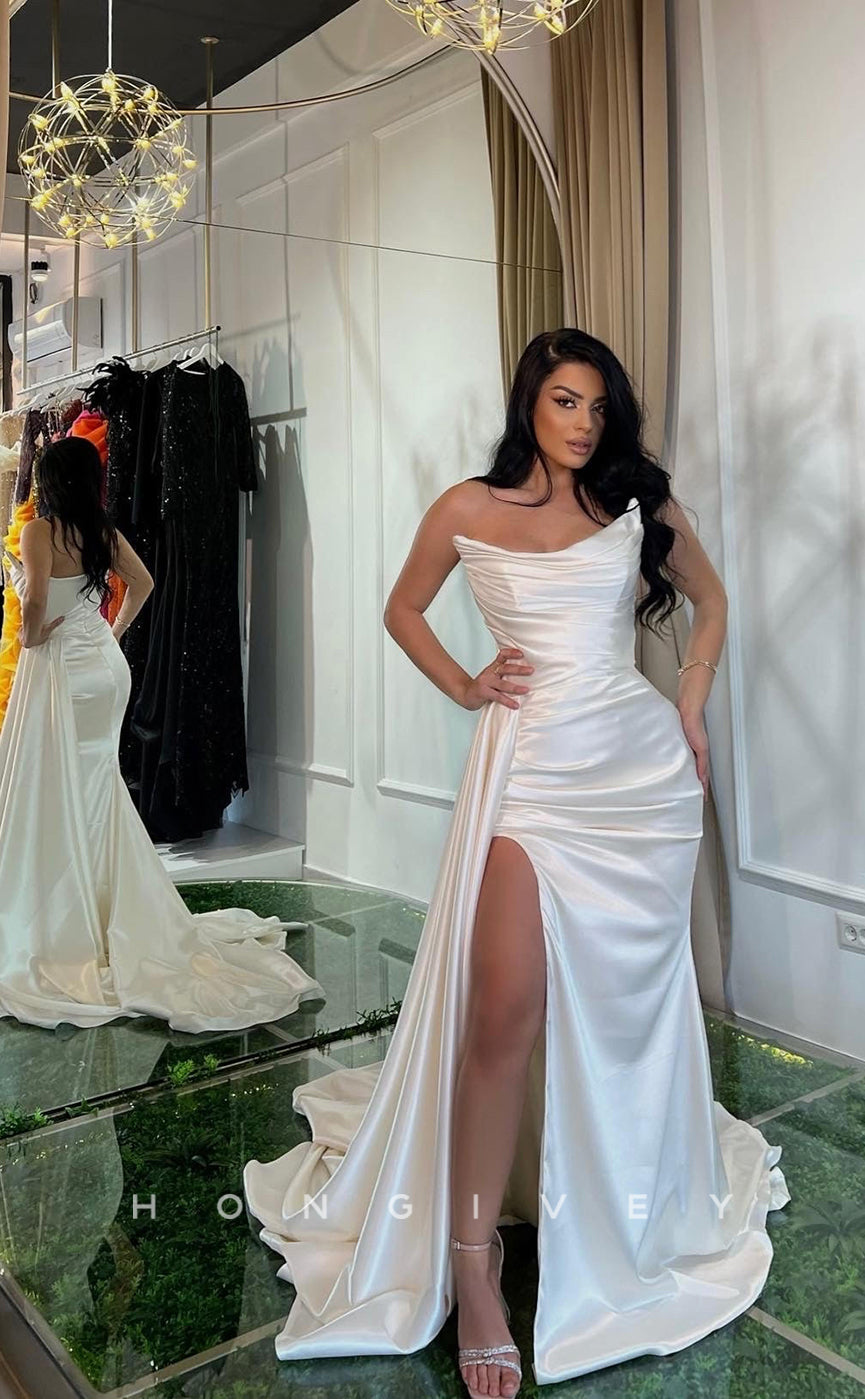 L1149 - Simple Strapless With Train And Slit Evening Formal Party Prom Dress - Fashionpara