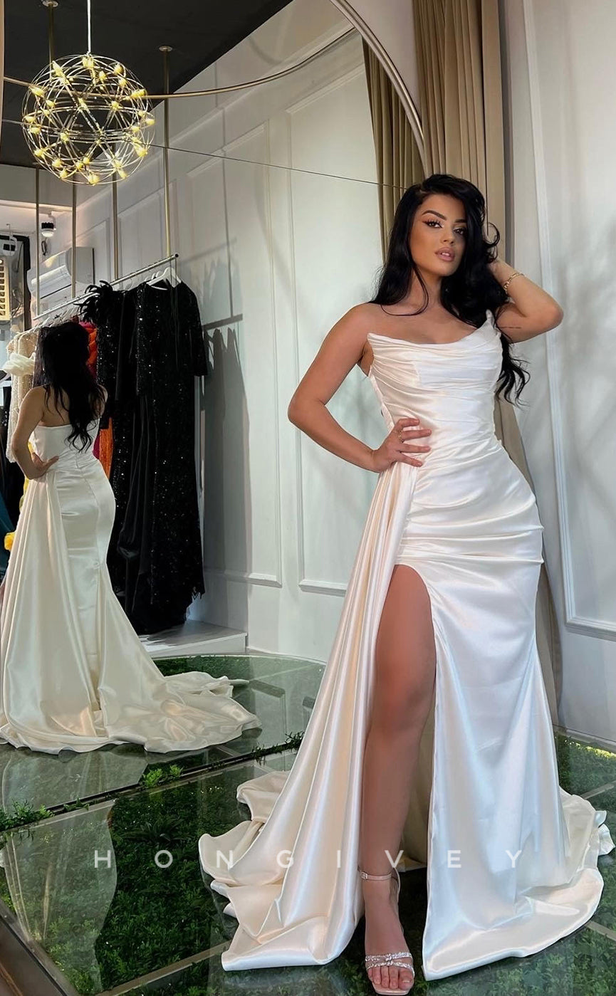 L1149 - Simple Strapless With Train And Slit Evening Formal Party Prom Dress - Fashionpara