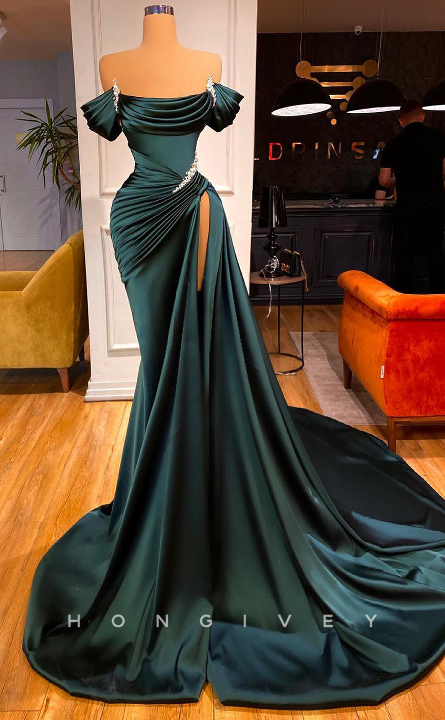 L1158 - Crystal Beaded Ruched With Train And Slit Formal Party Prom Evening Dress - Fashionpara