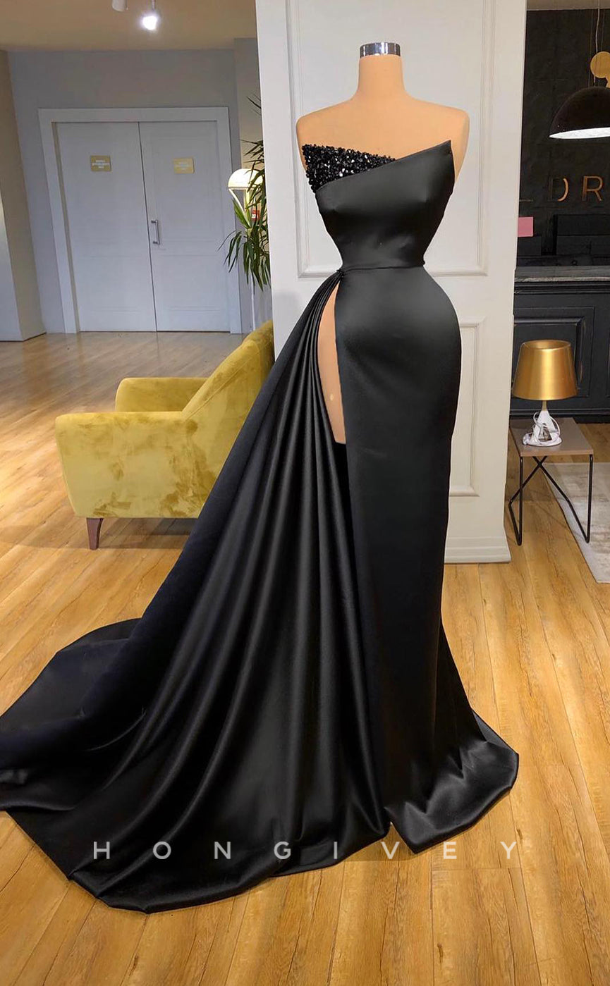 L1161 - Sequined Embellished Ruched Strapless With Train And Slit Party Prom Evening Formal Dress - Fashionpara
