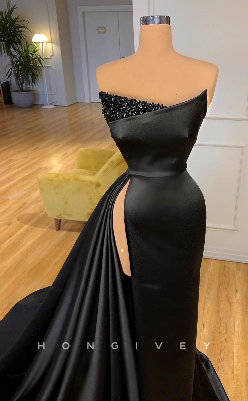 L1161 - Sequined Embellished Ruched Strapless With Train And Slit Party Prom Evening Formal Dress - Fashionpara