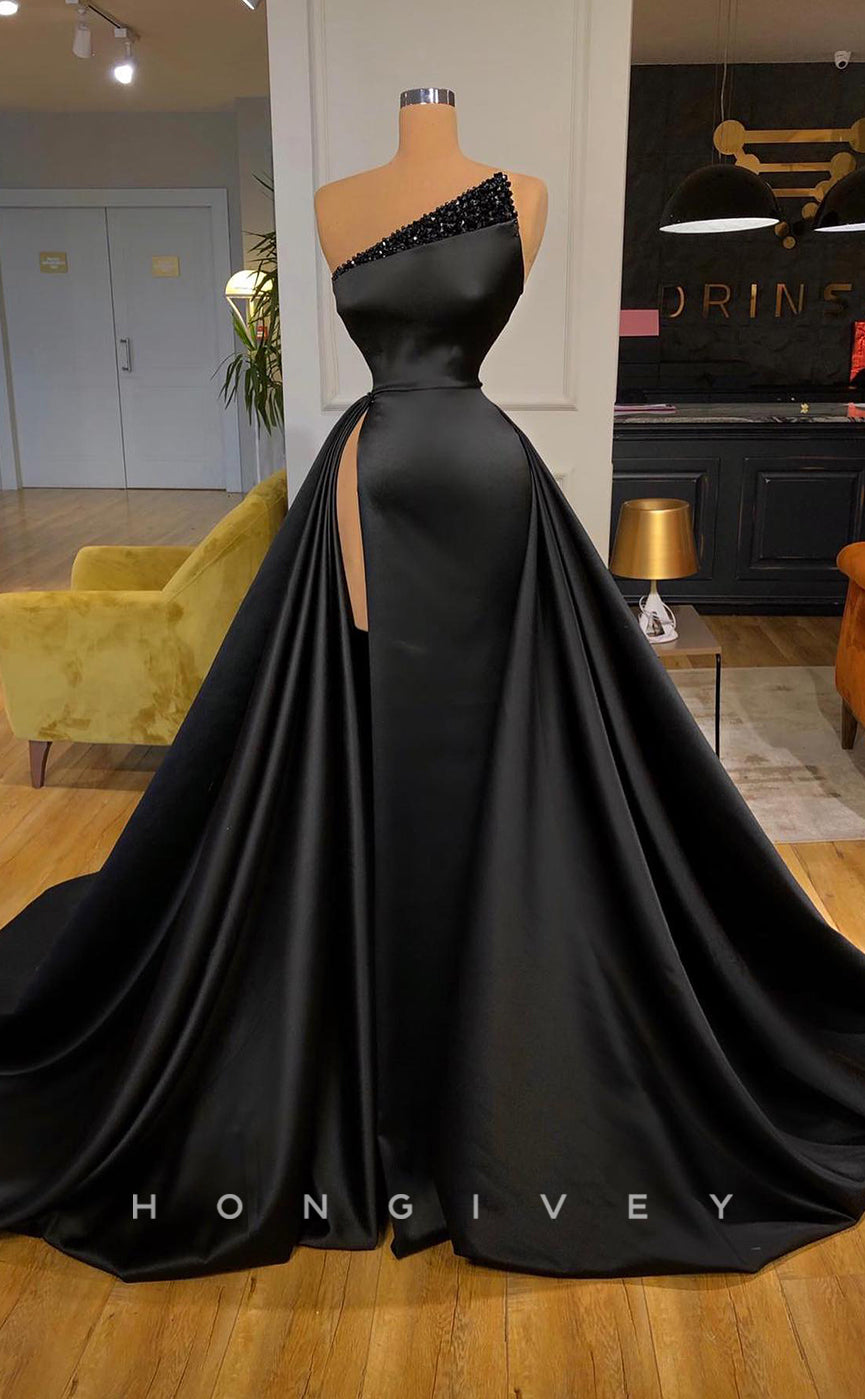 L1162 - Sequined Embellished Ruched Strapless With Train And Slit Evening Formal Party Prom Dress - Fashionpara