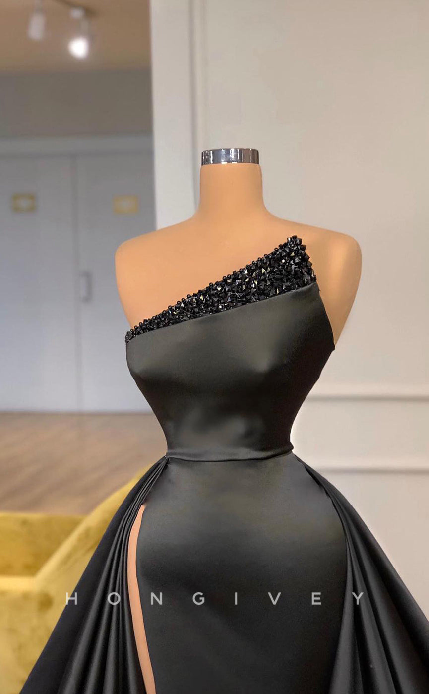 L1162 - Sequined Embellished Ruched Strapless With Train And Slit Evening Formal Party Prom Dress - Fashionpara
