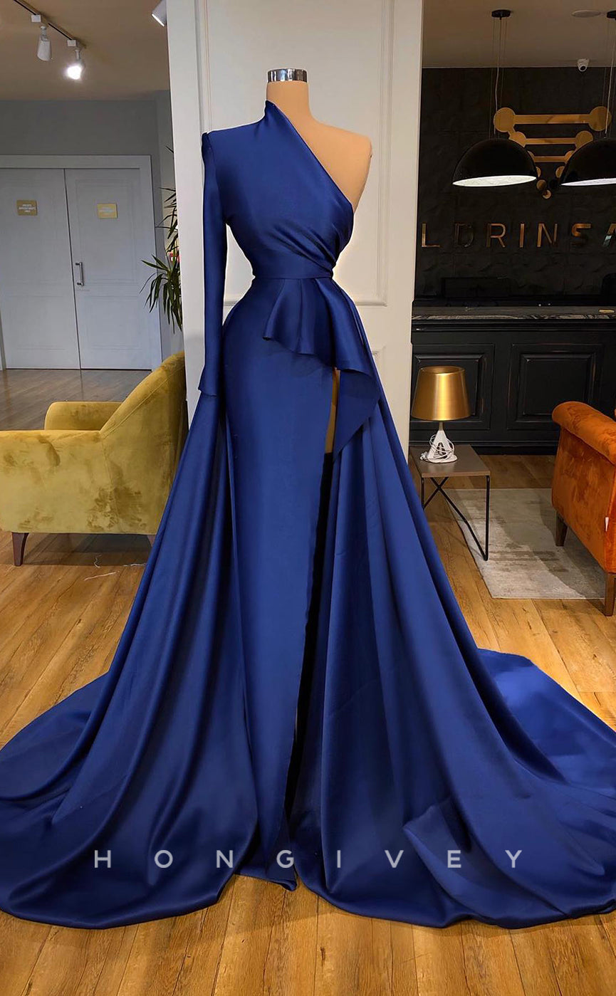 L1165 - Couture One Shoulder Ruched With Train And Slit Party Prom Evening Formal Dress - Fashionpara
