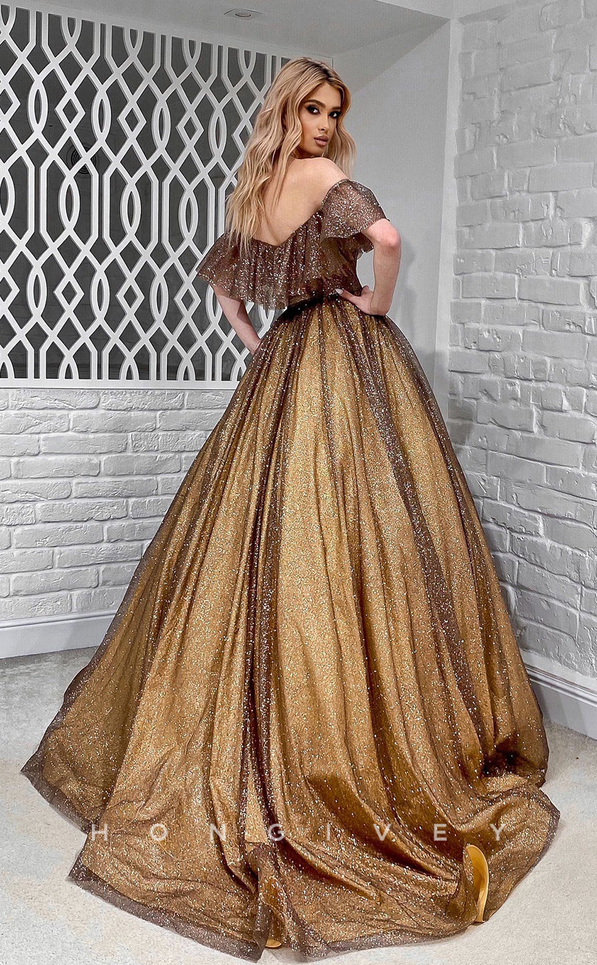 L1169 - Sparkly Tiered Belt Ruffled With Train Party Prom Evening Formal Dress - Fashionpara