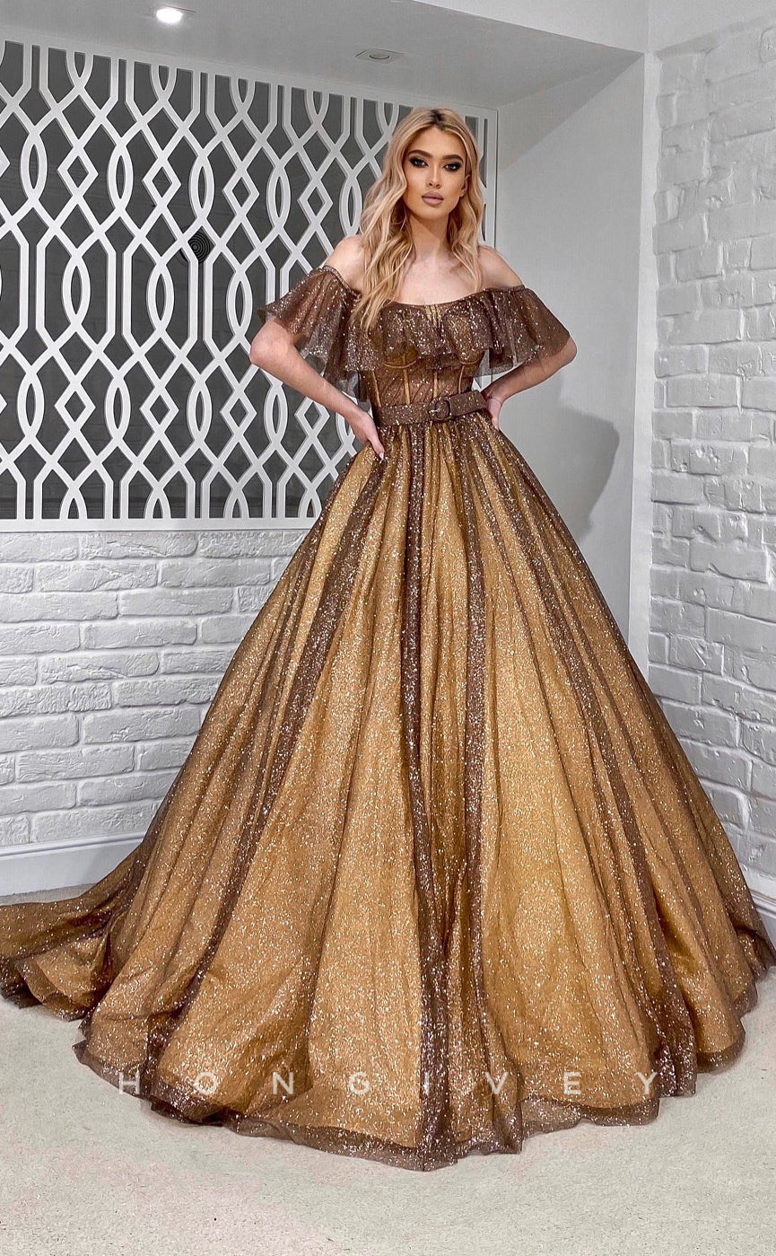 L1169 - Sparkly Tiered Belt Ruffled With Train Party Prom Evening Formal Dress - Fashionpara
