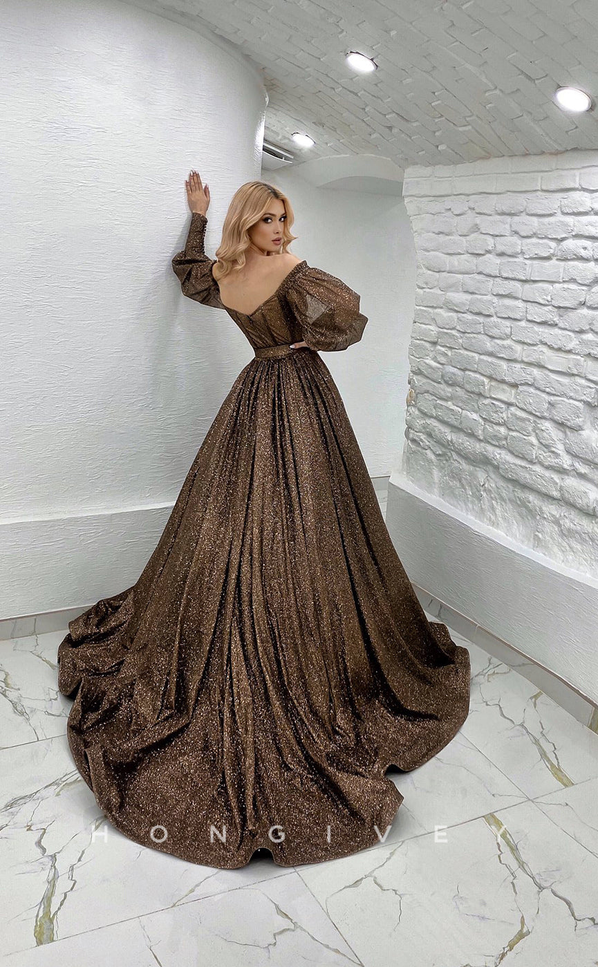L1170 - Sparkly Long Sleeves Belt Illusion With Train Party Prom Evening Formal Dress - Fashionpara