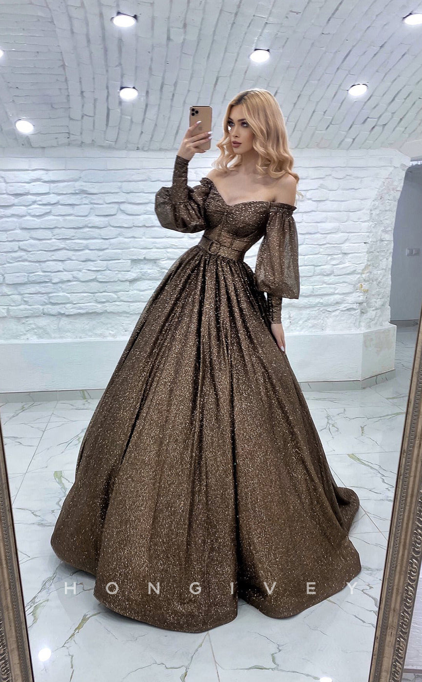 L1170 - Sparkly Long Sleeves Belt Illusion With Train Party Prom Evening Formal Dress - Fashionpara