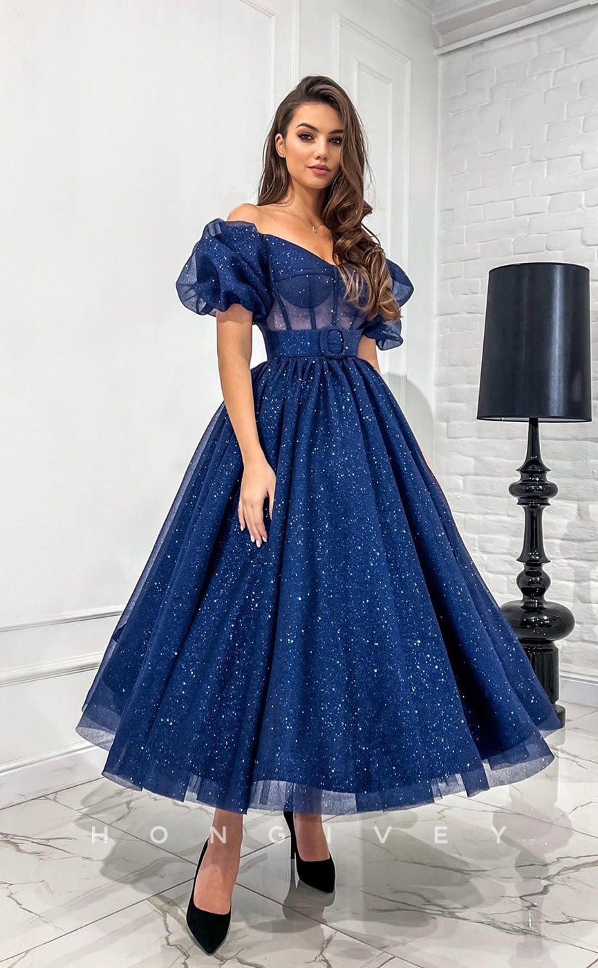 L1171 - Sparkly Puff Sleeves Belt Illusion Princess Party Prom Evening Formal Dress - Fashionpara