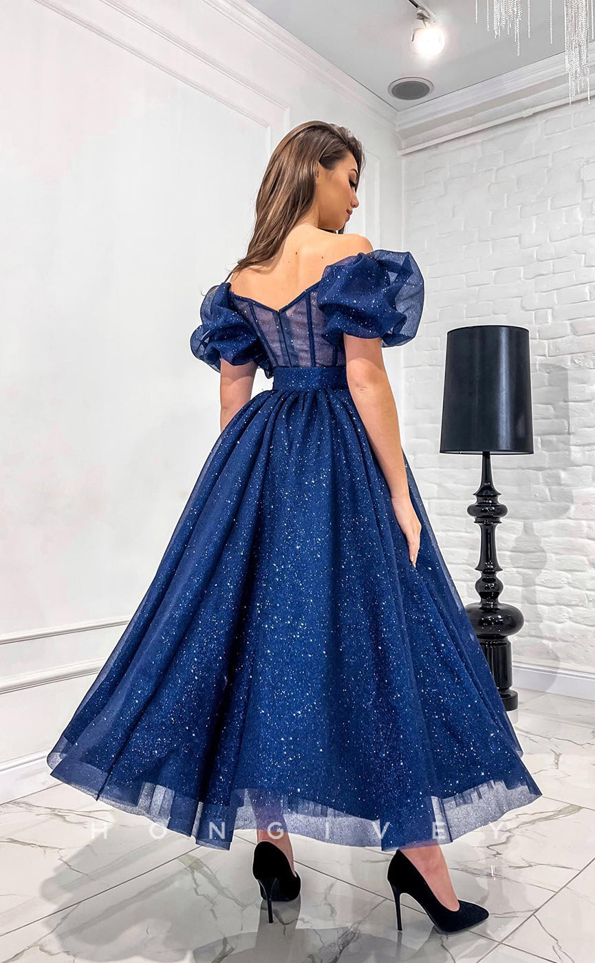 L1171 - Sparkly Puff Sleeves Belt Illusion Princess Party Prom Evening Formal Dress - Fashionpara