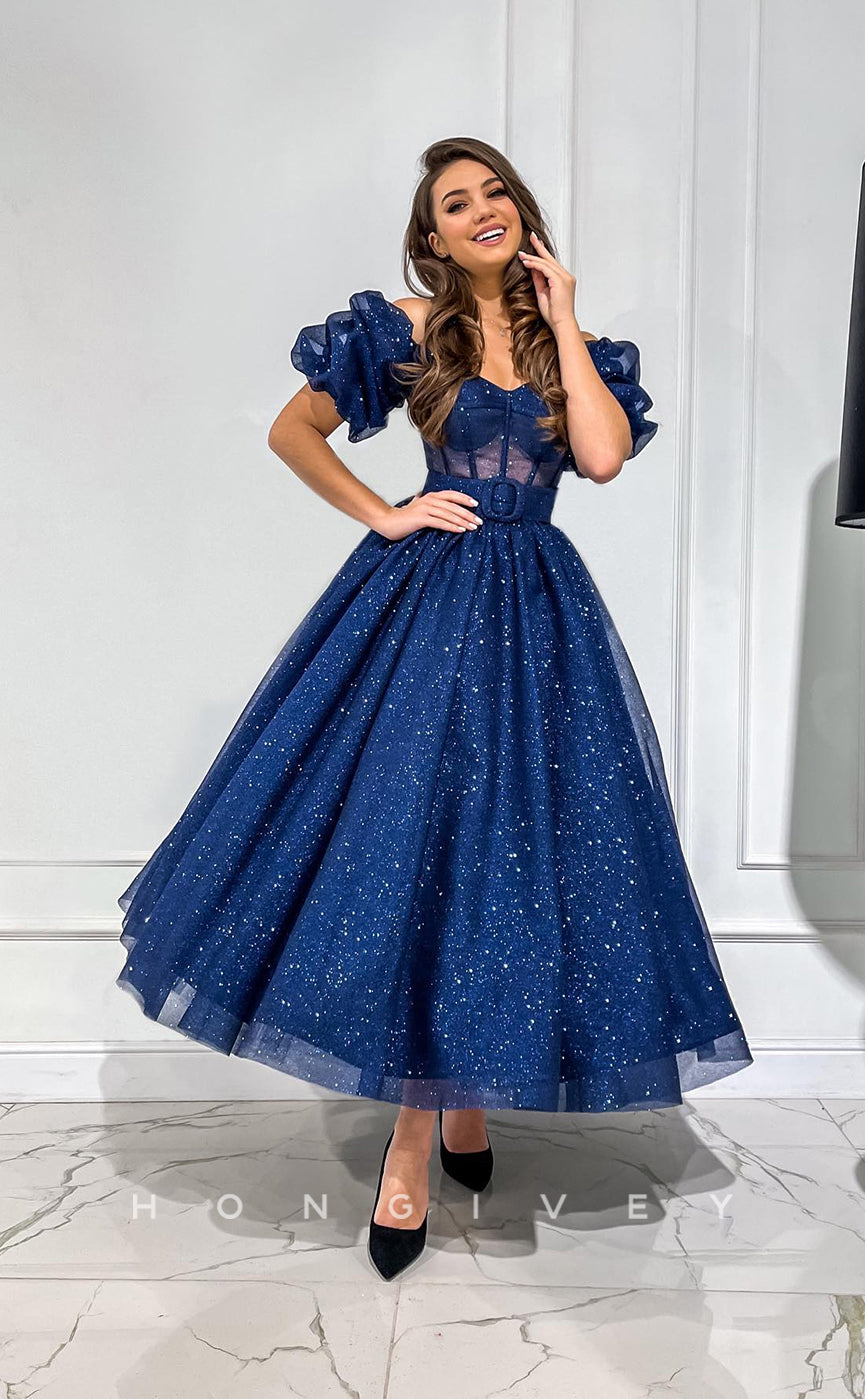 L1171 - Sparkly Puff Sleeves Belt Illusion Princess Party Prom Evening Formal Dress - Fashionpara