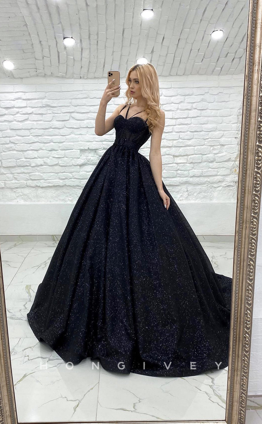 L1172 - Glitter Lace-Up Belt Illusion With Train Princess Party Prom Evening Formal Dress - Fashionpara