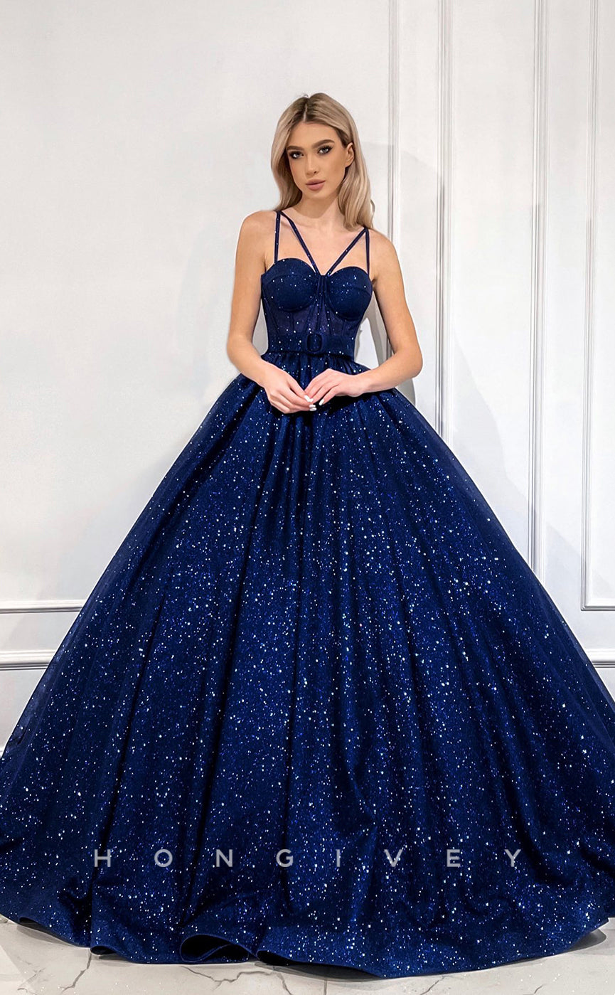 L1172 - Glitter Lace-Up Belt Illusion With Train Princess Party Prom Evening Formal Dress - Fashionpara