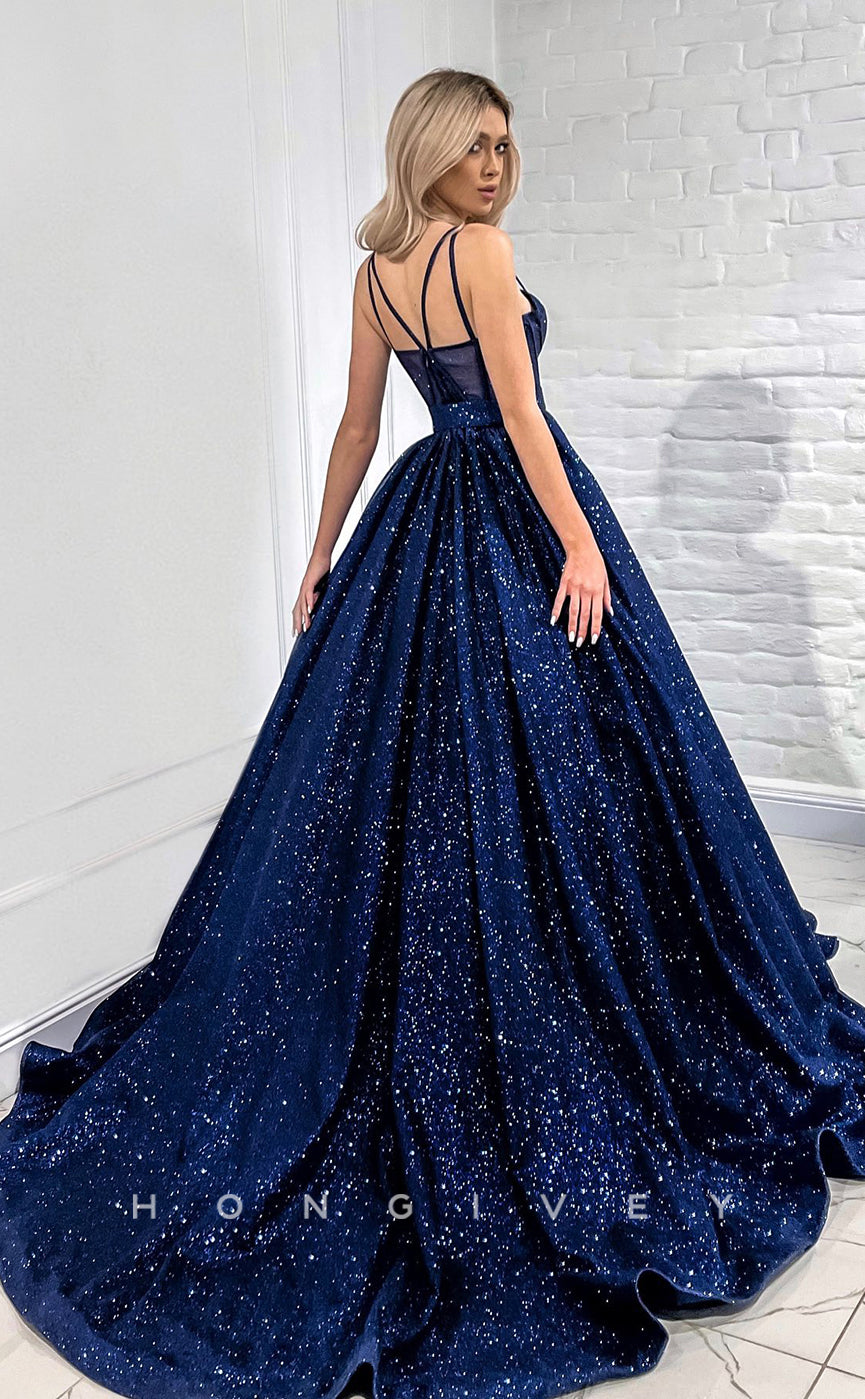 L1172 - Glitter Lace-Up Belt Illusion With Train Princess Party Prom Evening Formal Dress - Fashionpara