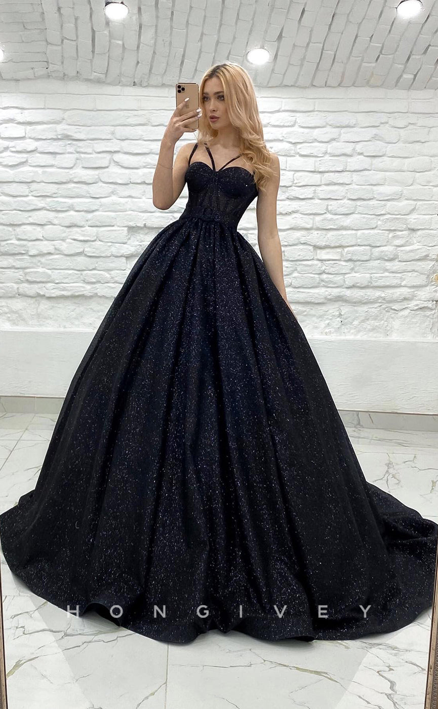 L1172 - Glitter Lace-Up Belt Illusion With Train Princess Party Prom Evening Formal Dress - Fashionpara