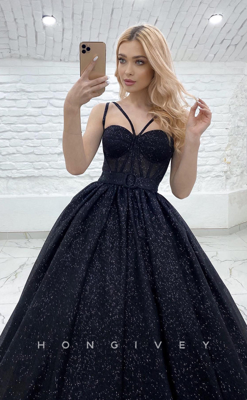 L1172 - Glitter Lace-Up Belt Illusion With Train Princess Party Prom Evening Formal Dress - Fashionpara