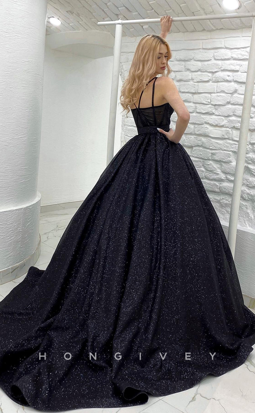 L1172 - Glitter Lace-Up Belt Illusion With Train Princess Party Prom Evening Formal Dress - Fashionpara