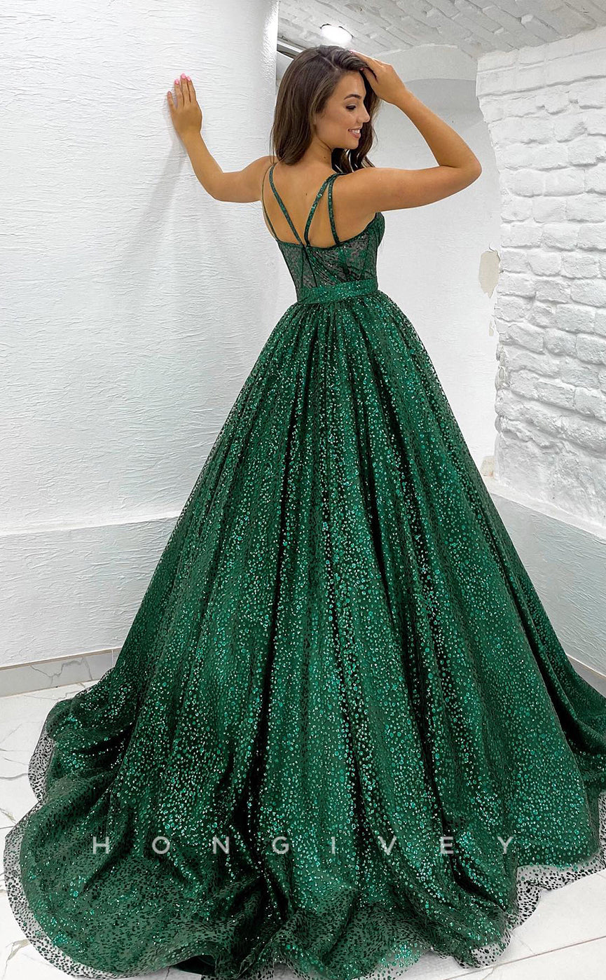 L1172 - Glitter Lace-Up Belt Illusion With Train Princess Party Prom Evening Formal Dress - Fashionpara