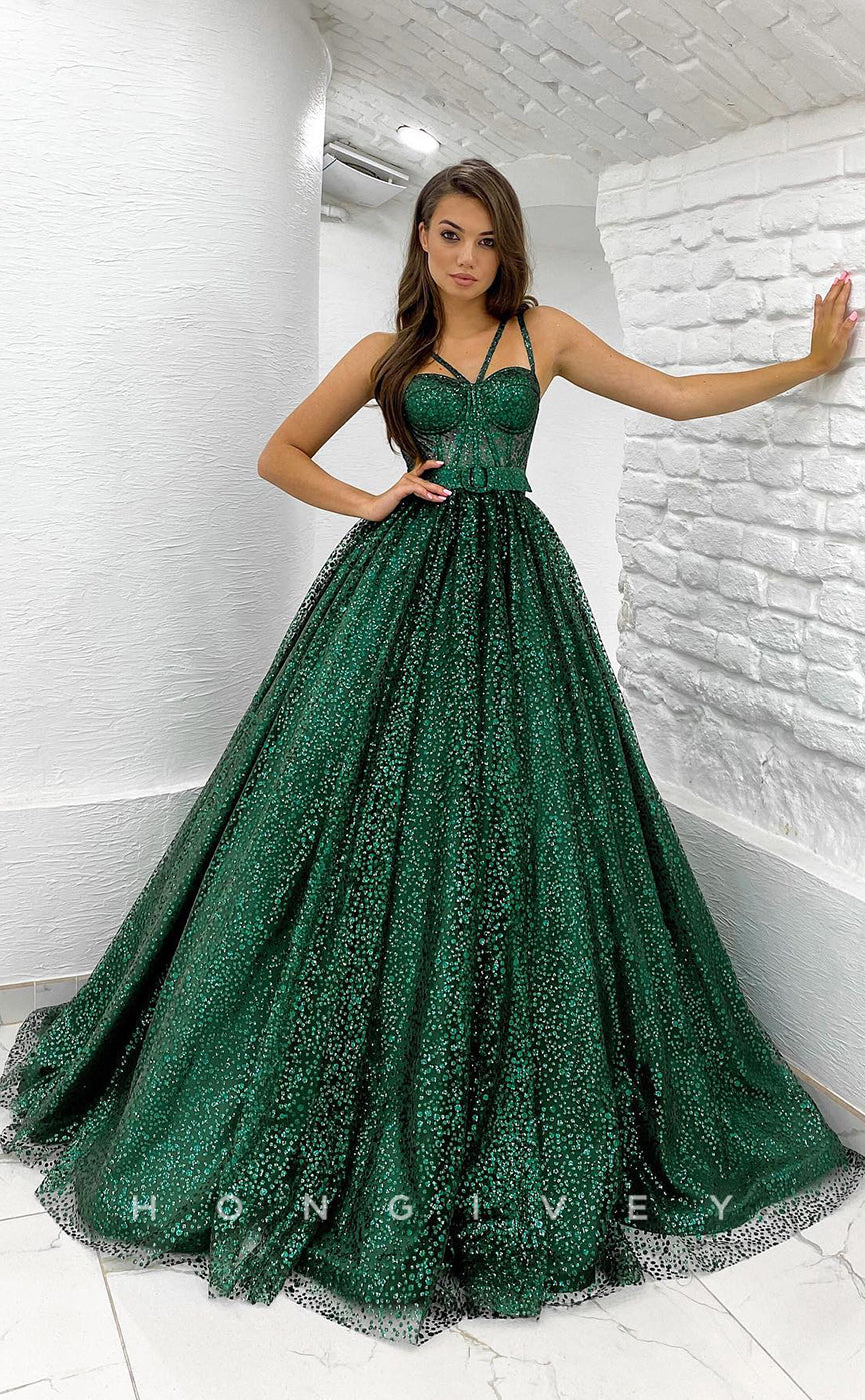 L1172 - Glitter Lace-Up Belt Illusion With Train Princess Party Prom Evening Formal Dress - Fashionpara