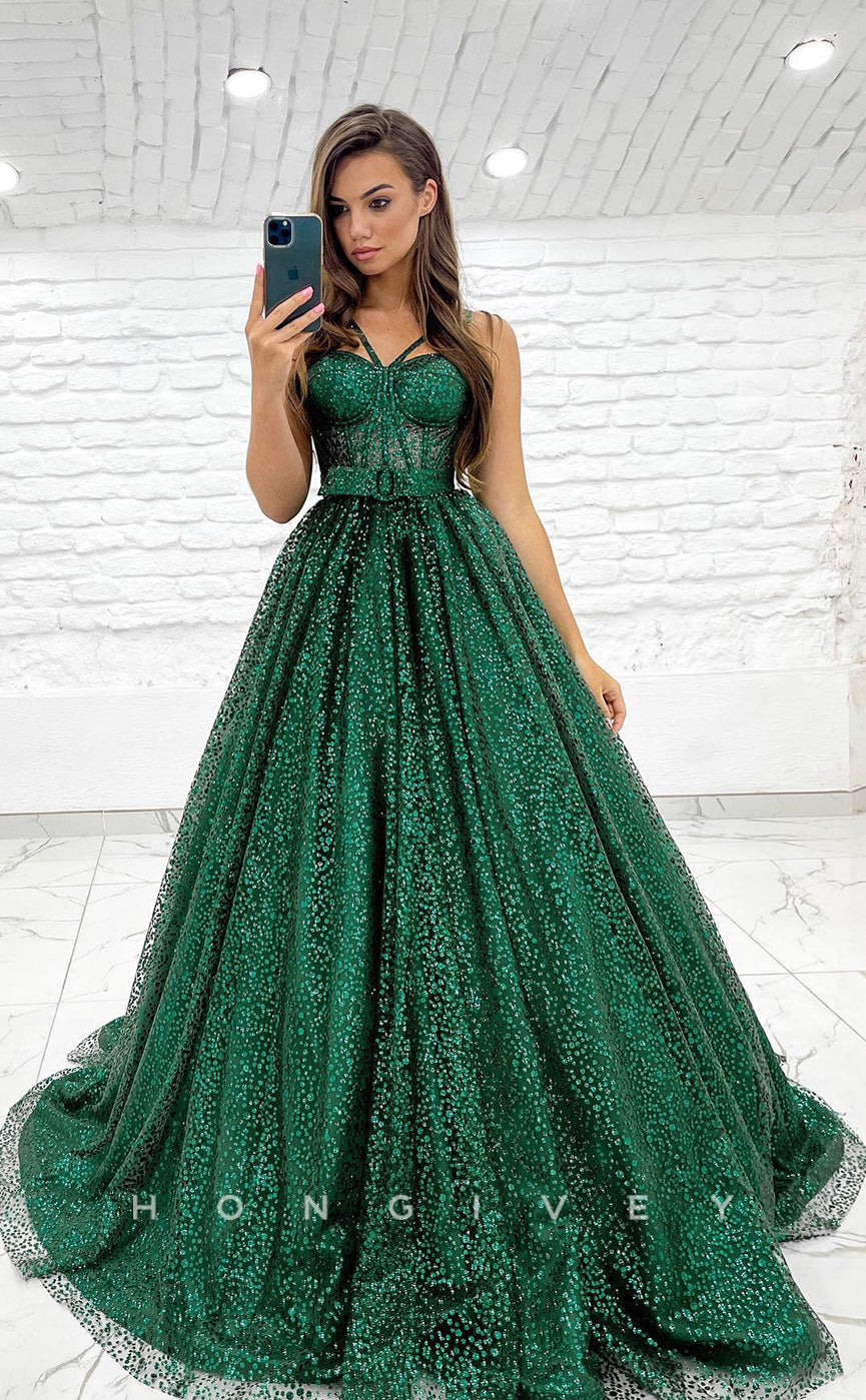 L1172 - Glitter Lace-Up Belt Illusion With Train Princess Party Prom Evening Formal Dress - Fashionpara