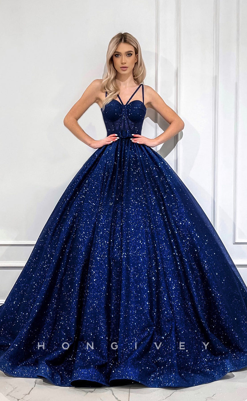 L1172 - Glitter Lace-Up Belt Illusion With Train Princess Party Prom Evening Formal Dress - Fashionpara