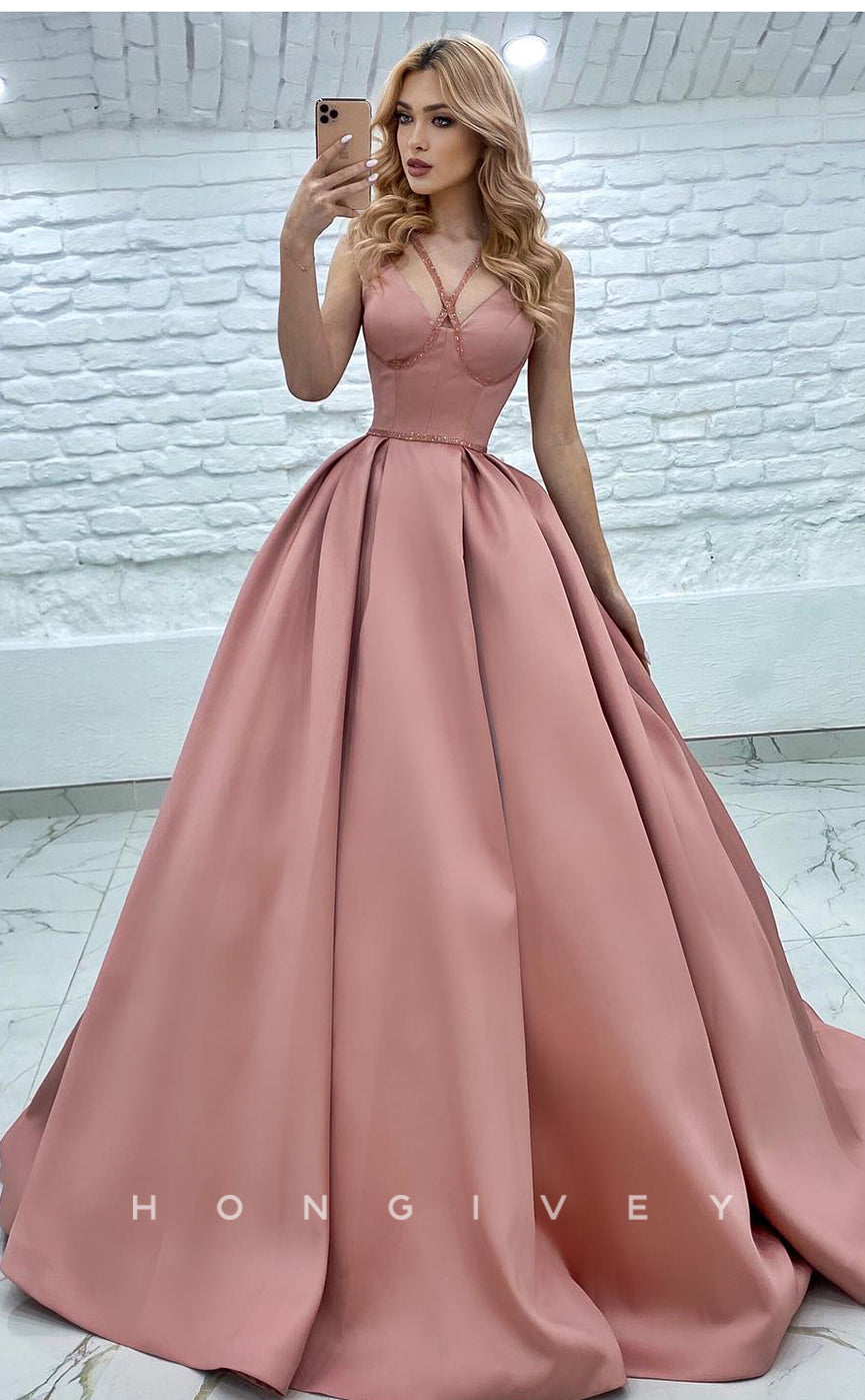 L1173 - Sweet Lace-Up Ruched With Train Princess Evening Formal Party Prom Dress - Fashionpara