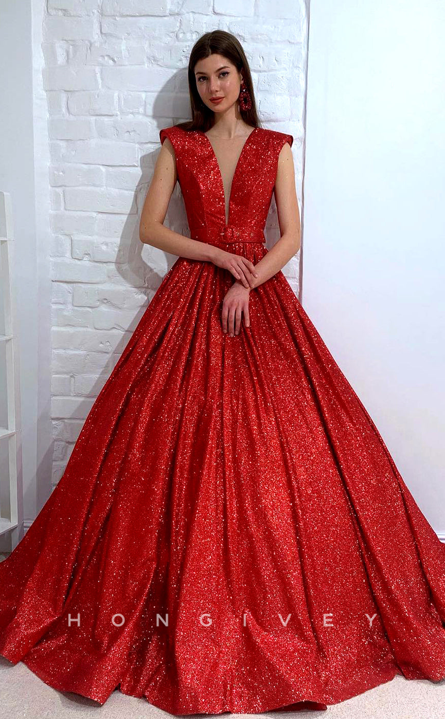 L1175 - Sparkly Plunging Illusion Open Back Ruched With Train Princess Formal Party Prom Evening Dress - Fashionpara