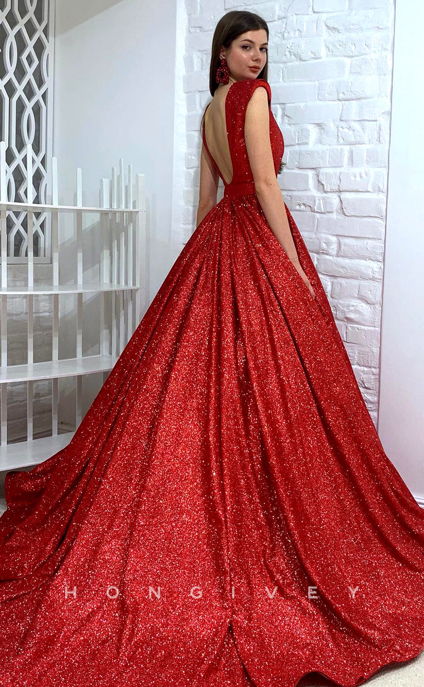 L1175 - Sparkly Plunging Illusion Open Back Ruched With Train Princess Formal Party Prom Evening Dress - Fashionpara