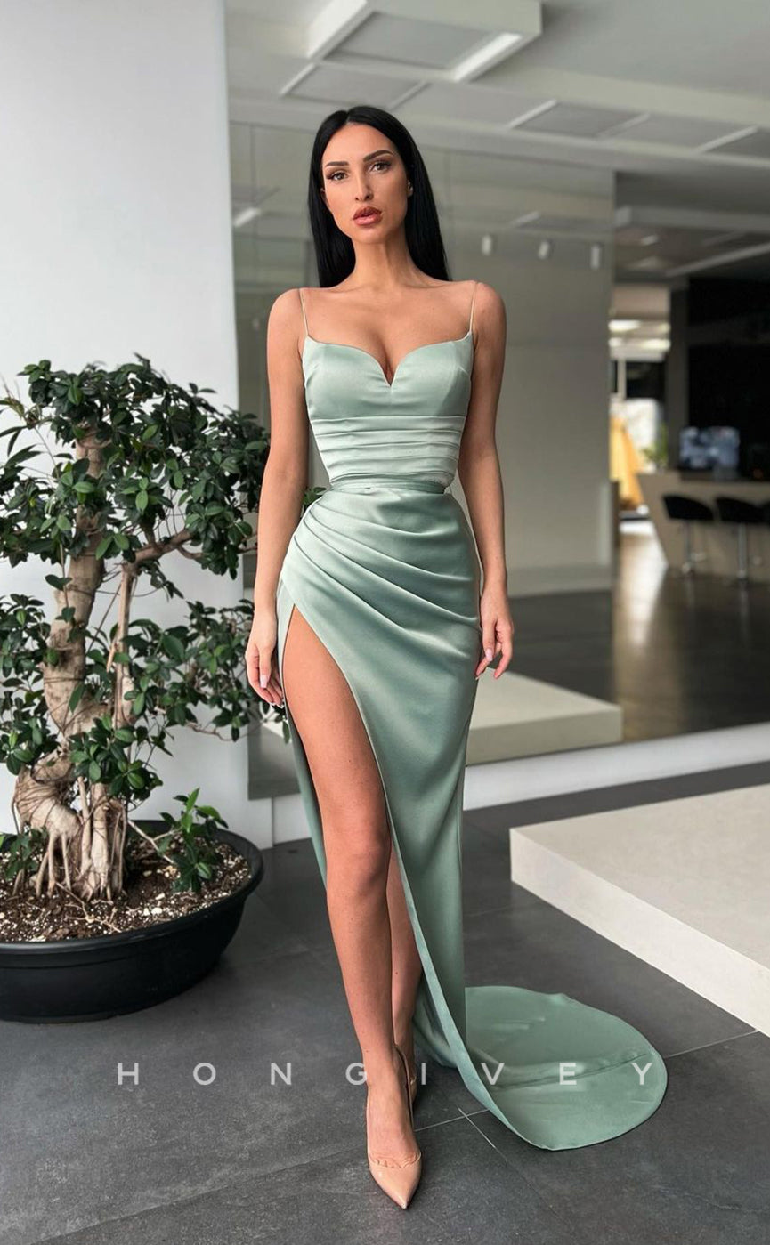 L1177 - Simple Ruched With Train And Slit Party Prom Formal Evening Dress - Fashionpara
