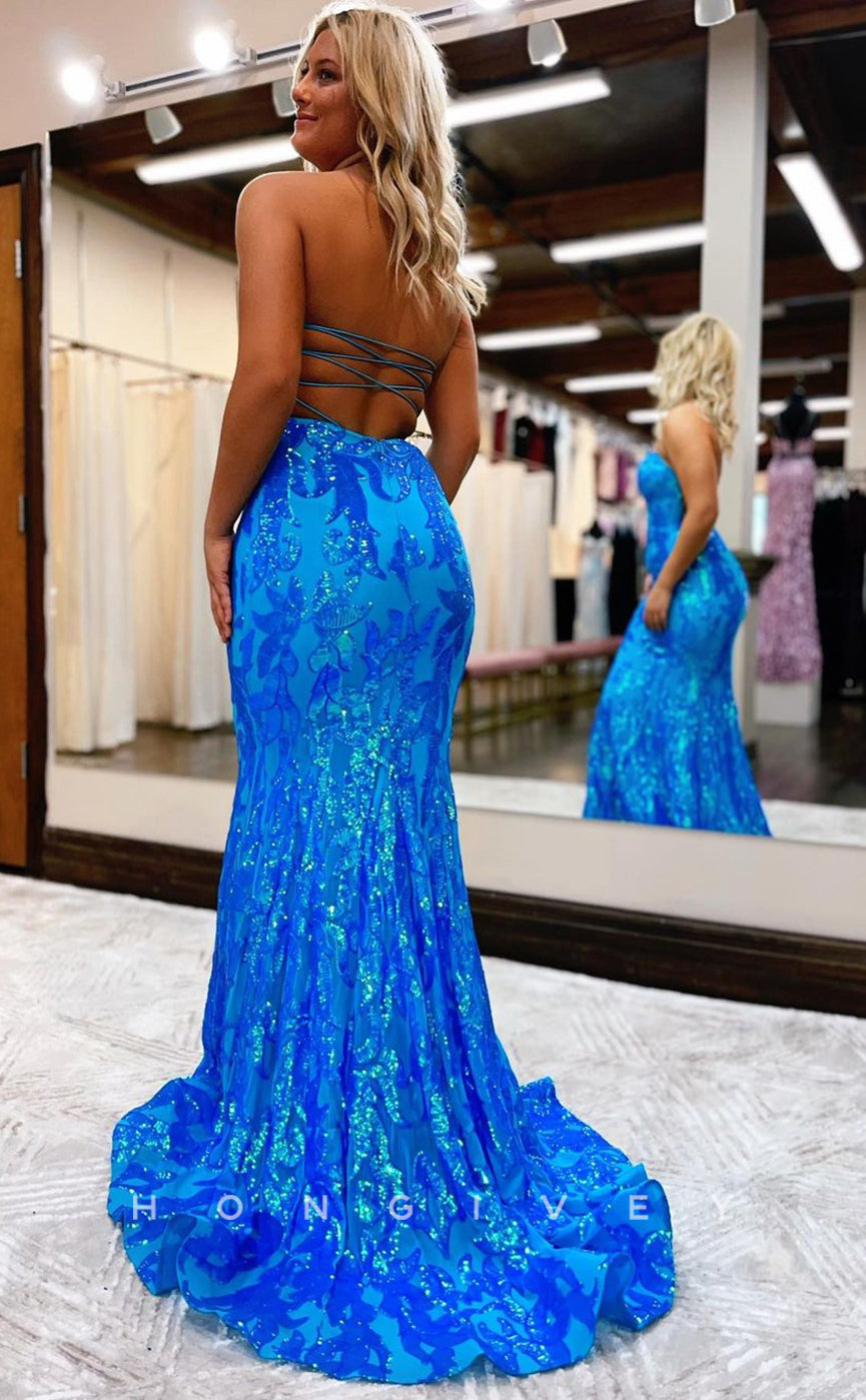 L1180 - Sparkly Floral Appliqued Lace-Up Back With Train Formal Evening Party Prom Dress - Fashionpara