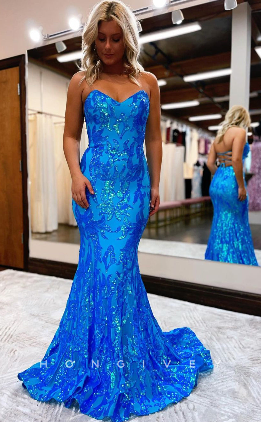 L1180 - Sparkly Floral Appliqued Lace-Up Back With Train Formal Evening Party Prom Dress - Fashionpara