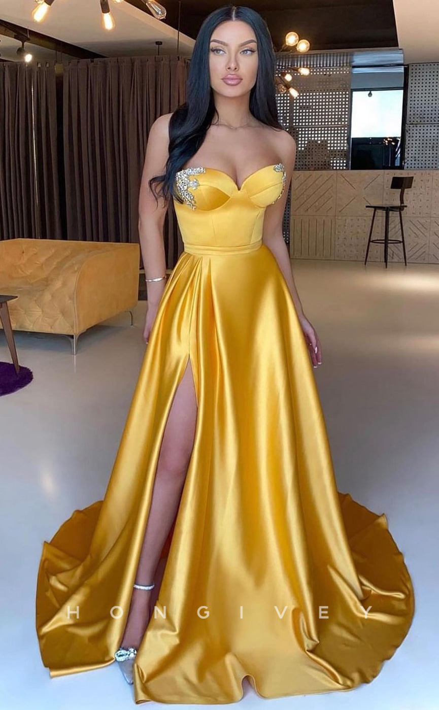 L1181 - Crystal Beaded Strapless With Train And Slit Evening Party Prom Formal Dress - Fashionpara